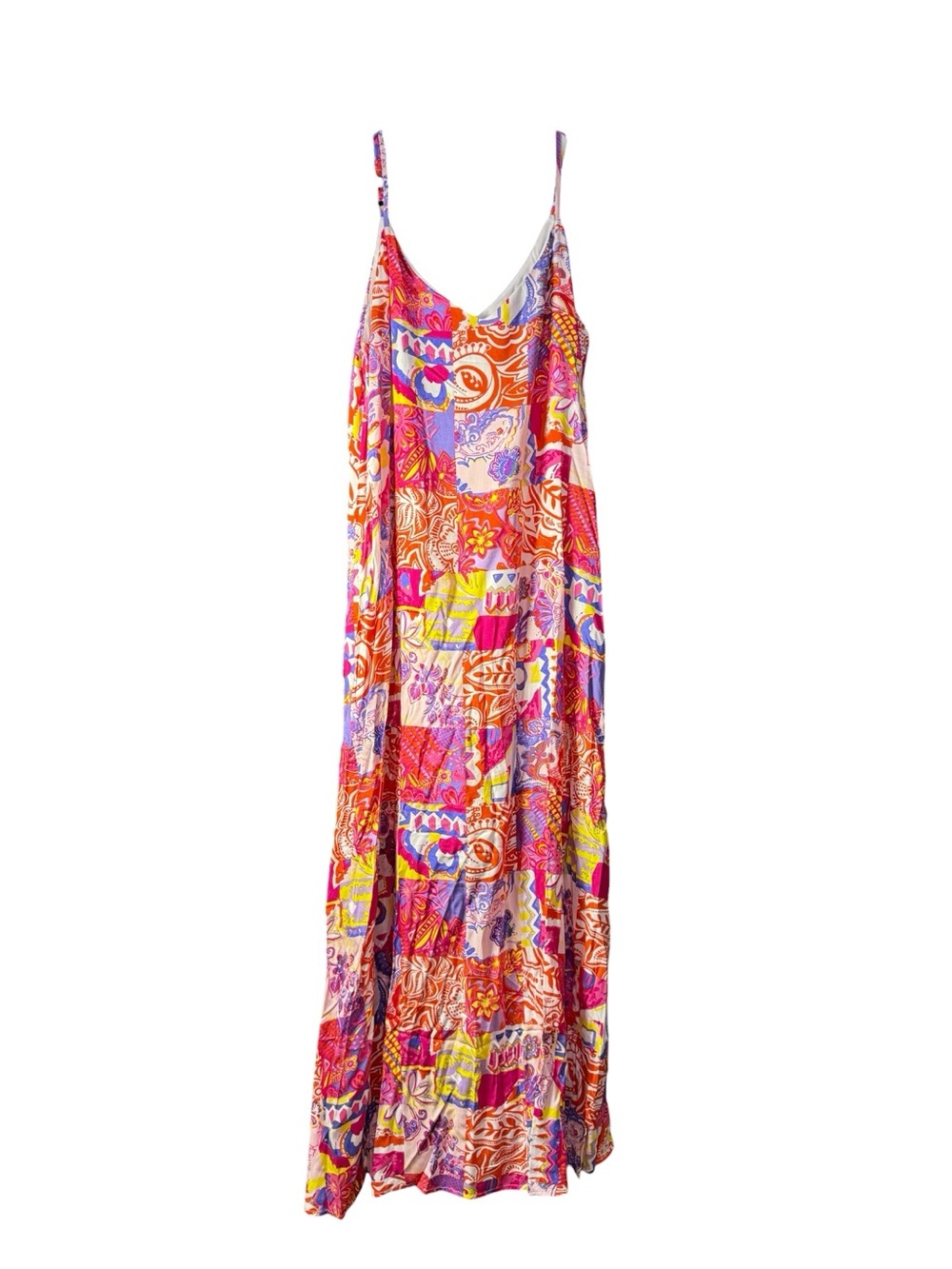 Emily Wonder Patchwork Print Tiered Maxi Dress Multicolor Size Large NWT